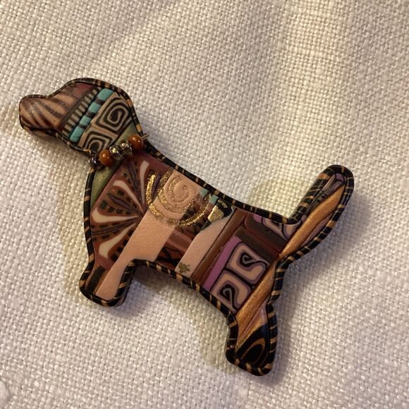 Folk Art Handmade Wooden Looking Dog Broach Pin Arts & Crafts Style Fancy Collar - Picture 3 of 11